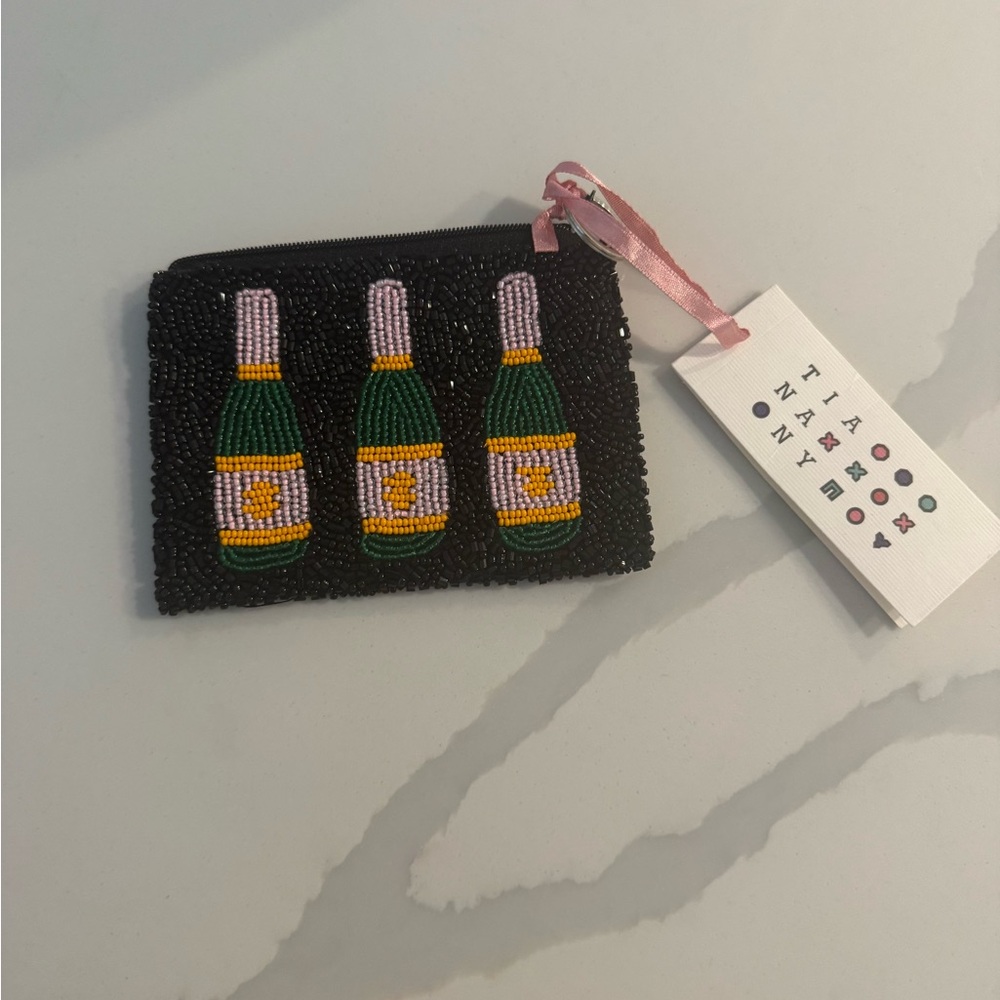 Beaded Black Pouch with Champagne Bottle Design